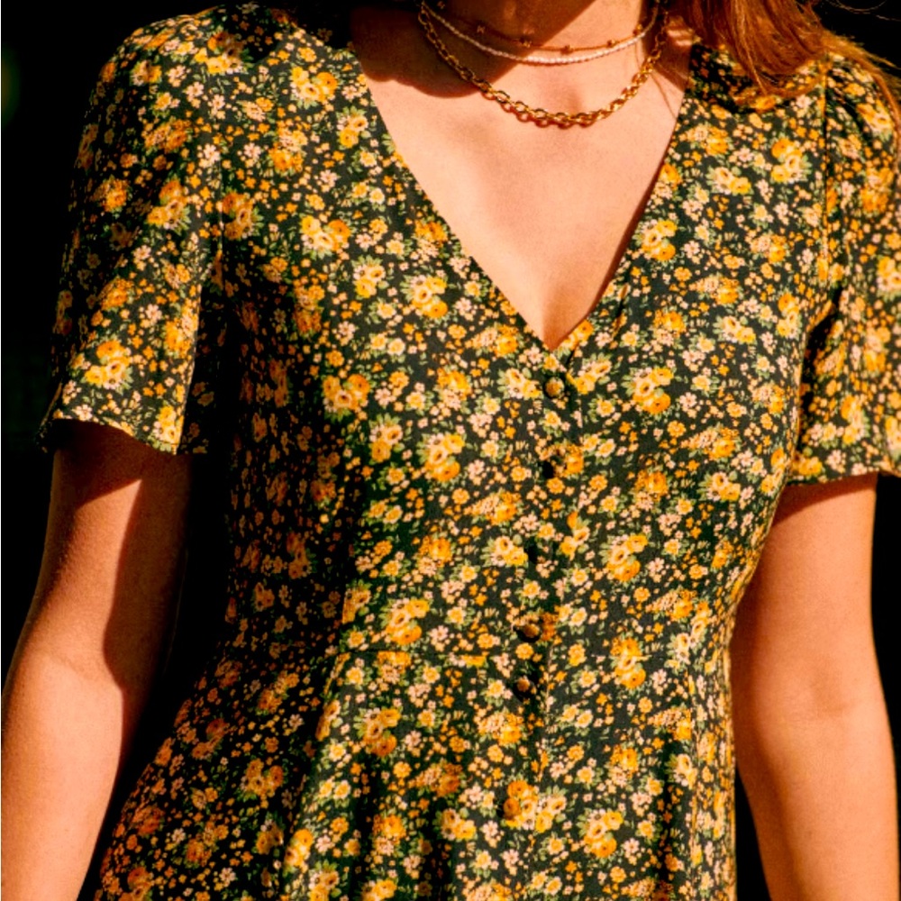 Sezane Vivienne Yellow Floral Button Up Midi Dress